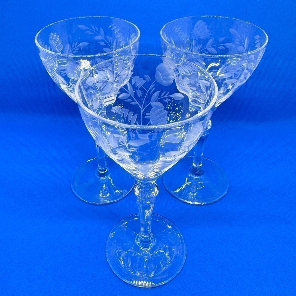 Vintage Optic Etched Floral Cordial Glasses Set of 3